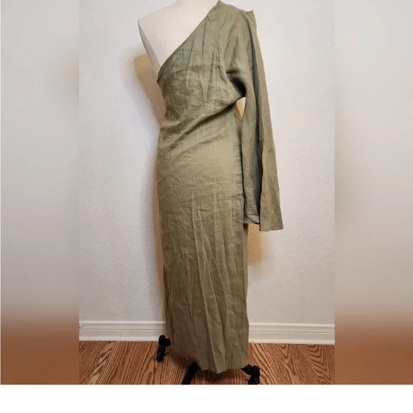 Zara Linen Khaki Green One shoulder dress! Brand New With Tags!! - Picture 2 of 5
